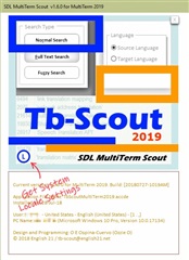 Screenshot of Tb-Scout 2019 interface showing search options for MultiTerm 2019 with highlighted system locale settings module.