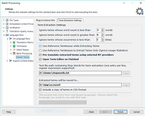 Trados Studio Term Extraction settings window with options for term extraction methods and a warning message about multiple target languages.