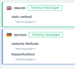 Screenshot showing Trados Studio MultiTerm 2021 SR 2 with a UI error in the German language option. The button labeled 'Terminus Hinzuf gen' should have the second word in lowercase.