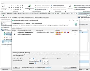 Trados Studio screenshot showing a Language Cloud Terminology dialog box with a warning icon next to 'SDL Language Cloud Terminology'. Languages listed are German, English, Spanish, French, and Italian with corresponding flags.