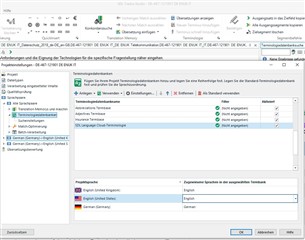 Trados Studio screenshot displaying Project Settings with a green checkmark for 'No errors or warnings' and a dropdown menu for 'Project languages' set to 'German Germany - English United States'.