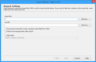 Trados Studio Import Wizard Step 2 of 8, General Settings interface with options to select Import file, Log file, and checkboxes for import compliance and synonym source.