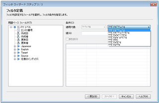 Screenshot of Trados Studio's 'Filter Definition' window with garbled text in the dropdown menu, making the settings options unreadable.