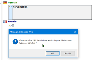 Trados Studio MultiTerm 2019 merge entries prompt asking if the user wants to merge the files with an OK and Cancel button.