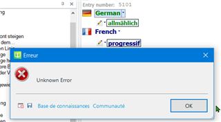 Error message in Trados Studio MultiTerm 2019 displaying 'Unknown Error' with an OK button.