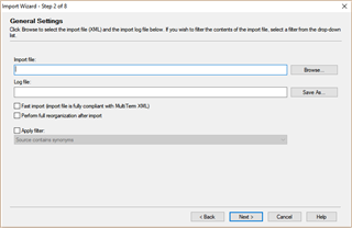 Screenshot of SDL Multiterm Administrator 'Import Wizard' window displayed correctly with 'Next', 'Back', 'Cancel', and 'Help' buttons visible at the bottom.