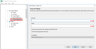 Screenshot of SDL Multiterm Administrator showing 'Import Definitions' window cut off at the bottom, with red boxes highlighting missing 'Next' and 'Cancel' buttons.