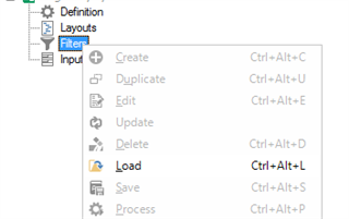 Screenshot of SDL Multiterm 2017 showing greyed out 'Create' command under 'Filters' in Termbase Management view.