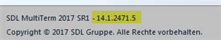 Screenshot showing SDL MultiTerm 2017 SR1 version number 14.1.2471.5 with a yellow highlight.