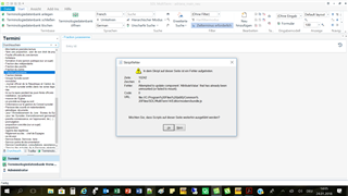 Screenshot of Trados Studio displaying a script error message box with the text 'An error has occurred in the script on this page.' and options to continue running scripts or not.