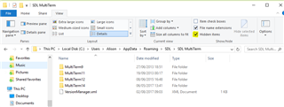 Windows Explorer window showing the SDL MultiTerm folder with subfolders and files including MultiTerm1, MultiTerm2, and VersionManager.xml.