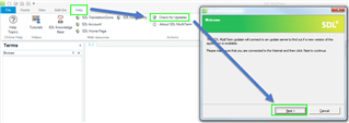 SDL MultiTerm interface with an arrow pointing from the 'Help' menu to 'Check for Updates' option, and a dialog box prompting to install an update.