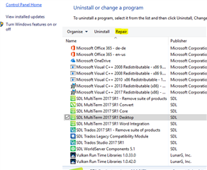 Control Panel window showing a list of installed programs including SDL MultiTerm 2017 with a 'Repair' option available.