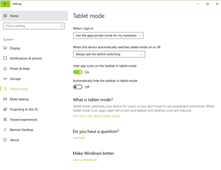 Windows Settings screen showing Tablet mode options with 'Hide app icons on the taskbar in tablet mode' and 'Automatically hide the taskbar in tablet mode' toggled on.