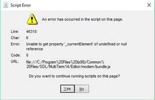 Script Error dialog box showing an error has occurred in the script on this page, with details about the line, character, error, code, and file URL.