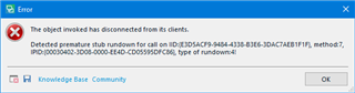 Error message in Trados Studio stating 'The object invoked has disconnected from its clients. Detected premature stub rundown for call on ID. method7, PID:PID, type of rundown:1.' with an OK button.