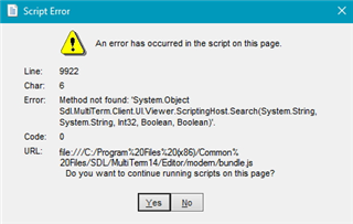 Screenshot of a Script Error dialog box in Trados Studio with a warning icon, indicating an error has occurred in the script on the page at line 9922, character 6.