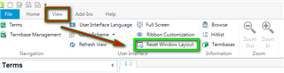 Trados Studio interface showing the 'View' tab highlighted and 'Reset Window Layout' option selected.