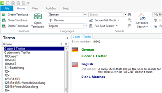 Trados Studio termbase view with German-English terms listed and a selected term showing '0 or 1 Matches' in the entry details.