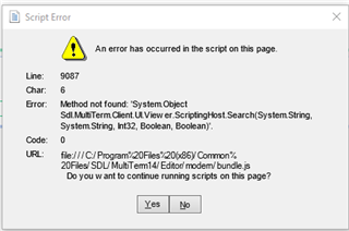 Script Error dialog box with a warning icon showing an error has occurred in the script on this page, with details about the error and options to continue running scripts.