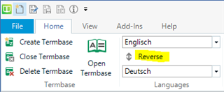 Trados Studio MultiTerm interface showing 'Englisch' at the top and 'Deutsch' at the bottom with a 'Reverse' button highlighted.