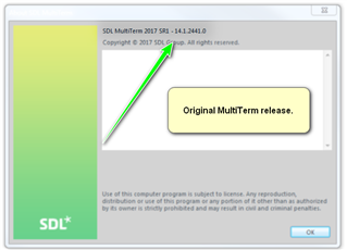 SDL MultiTerm 2017 dialog box showing 'Original MultiTerm release' with a green checkmark.