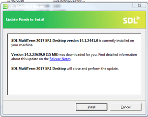 Update Ready to Install dialog box for SDL MultiTerm 2017 SR1 Desktop version 14.2.4.2369 with Install and Cancel buttons.