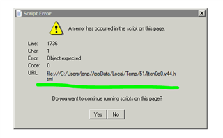 Script Error dialog box with a warning icon showing 'An error has occurred in the script on this page. Line: 1738, Char: 1, Error: Object expected, Code: 0, URL: file:C:UsersjohnAppDataLocalTemp51QnaWeb404.htm'. Options to continue running scripts: Yes or No.