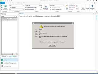 Screenshot of Trados Studio with an error dialog box open. The error message reads 'An error has occurred in the script on this page. Error: Object expected. URL: file:C:Program%20FilesSDLSDL%20Trados%20StudioStudio5Htmljstm.js. Do you want to continue running scripts on this page?' with Yes and No options.