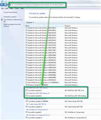 Control Panel window showing a list of installed programs. Trados Studio 2019 - CU6 update is highlighted with instructions to right-click and delete to revert to CU5.