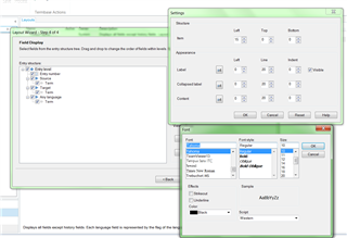 Screenshot of Trados Studio's TermBase Viewer showing the Layout Wizard with options for Field Display and a Font dialog box open for formatting text attributes like font style and size.