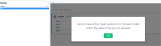 Error message in Trados Studio stating 'Cannot save entry. Equal synonyms in the same index within the same entry are not allowed.' with an OK button.