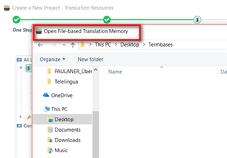 Trados Studio screenshot showing the 'Create a New Project' wizard at station 3 with 'Open File-based Translation Memory' highlighted in red, indicating the user is trying to add a Translation Memory instead of a termbase.