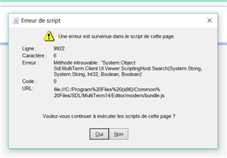 Error message in Trados Studio MultiTerm interface stating 'Une erreur est survenue dans le script de cette page' with error code 6922 and a method not found in 'System.Object'. Options to continue or stop executing scripts are provided.