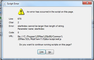 Script Error dialog box with a warning icon showing an error has occurred in the script on this page at line 678, character 2. Error: startindex cannot be larger than length of string. With options to continue running scripts.