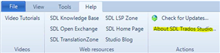 Screenshot of SDL Trados Studio Help tab with 'About SDL Trados Studio' highlighted.