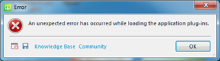 Error dialog box with a red cross symbol indicating 'An unexpected error has occurred while loading the application plug-ins.' with options for Knowledge Base and Community.