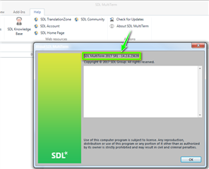 Error message in Trados Studio MultiTerm indicating an out-of-date installation with a prompt to update to the latest version.