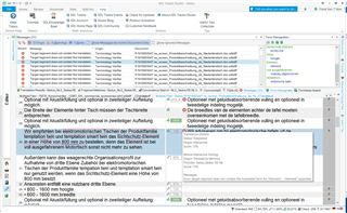 Trados Studio 2019 screenshot showing an error message 'Error: the target segment does not contain the translated term' despite 'element' being present in both the Termbase and target segment.