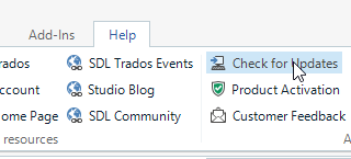 Trados Studio menu with cursor pointing to 'Check for Updates' option under the Help tab.