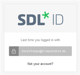 Screenshot of SDL ID login prompt displaying the last logged-in user's email 'horst-helge@it-experience.de' with the option 'Not your account?'