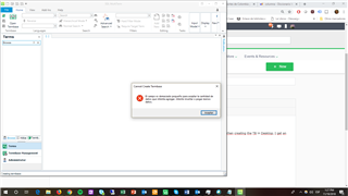 Screenshot of Trados Studio with an error message window stating 'Cannot insert duplicate key row in object dbo.Terms with unique index IX_Terms'. The Trados Studio interface is in English.