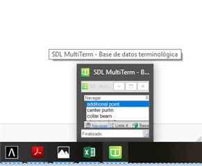 Screenshot showing SDL MultiTerm window partially visible with the title 'Base de datos terminologica' and a dropdown menu with options such as 'additional point' and 'center purlin'. Taskbar icons and 'Finalizado' button are also visible.