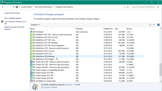 Control Panel window showing Programs and Features list with MultiTerm 2019 and MultiTerm 2017 highlighted among other installed programs.