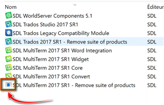 Screenshot showing a list of SDL software installed, with an incorrect icon for SDL MultiTerm 2017 SR1, indicated by a red square and arrow.