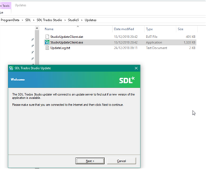 SDL Trados Studio update dialog box prompting to ensure internet connection before proceeding.