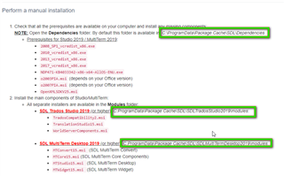 Webpage with instructions for manual installation of Trados Studio components, with file paths highlighted.