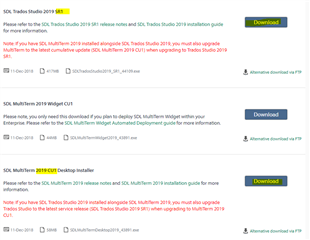 Screenshot of SDL Trados Studio 2019 SR1 download page, highlighting the release notes and installation guide links.