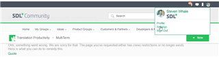 User profile dropdown menu in Trados Studio community showing 'Settings' option.