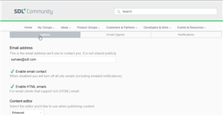 Email settings page in Trados Studio community with options for contact email and email notifications.